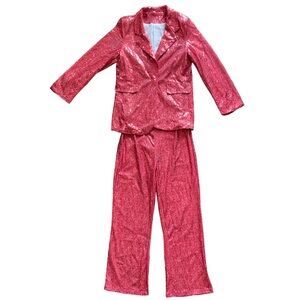 Sequin Red Suit Set Jacket & Pants Size L Notched Lapel Funky Disco Party Dazzle